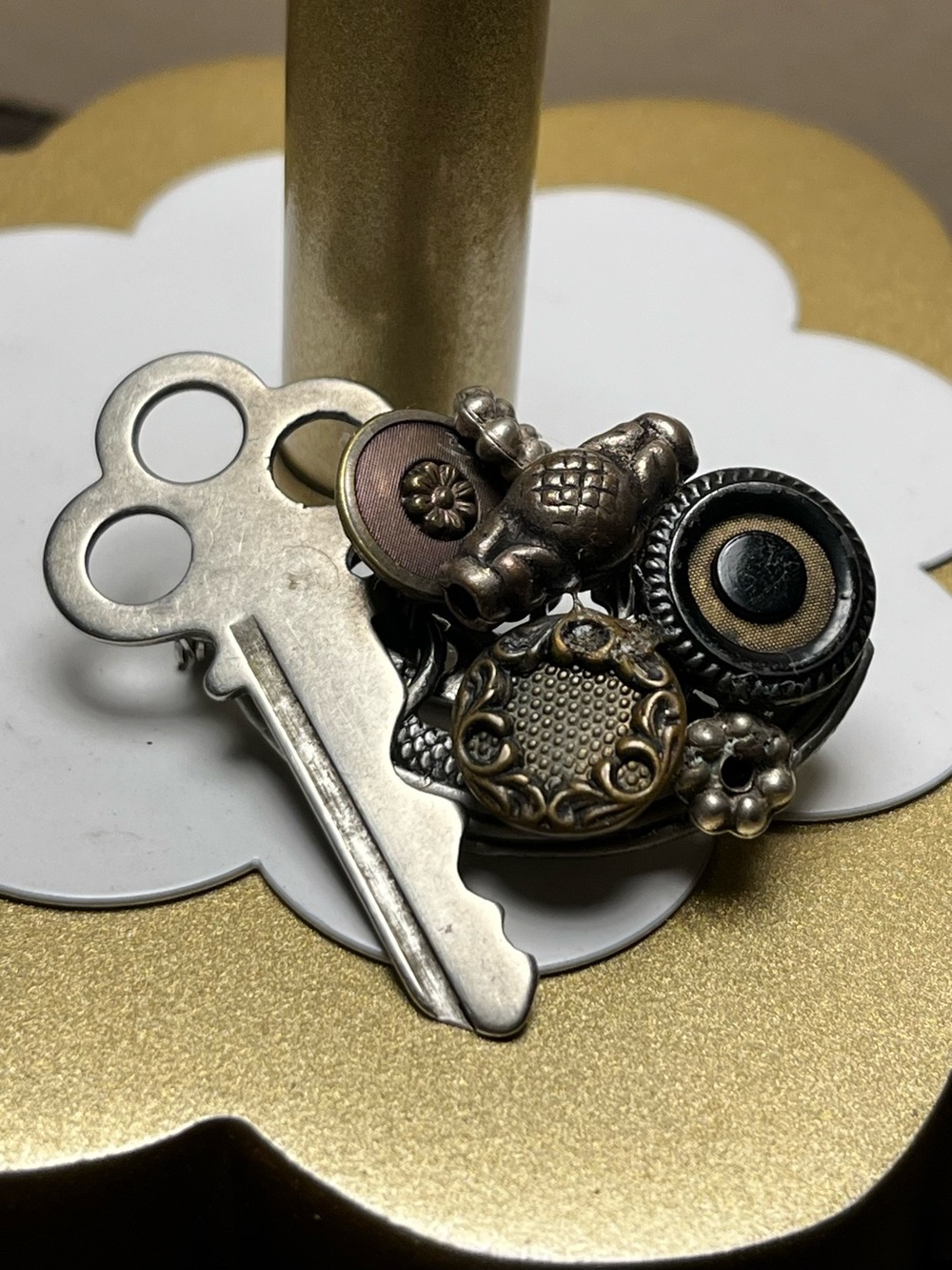 JJ Jonette Up cycled Vintage Button Cluster Key brooch with Mixed Metal Accents